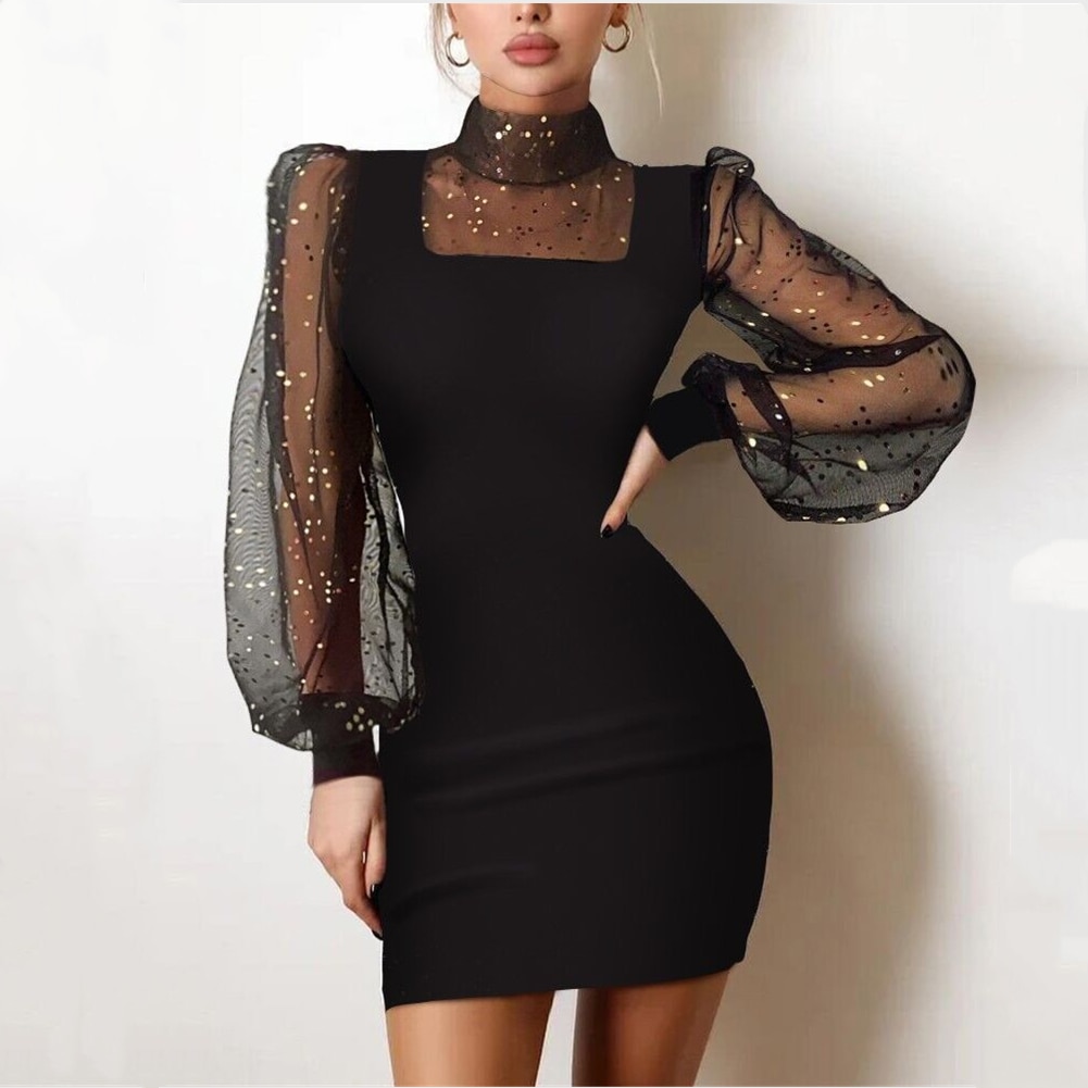 Women New Spring Elegant Patchwork Hollow Out Mini Dress Long Sleeve Black Club Party Lace Mesh Dress Autumn Bodycon Dress